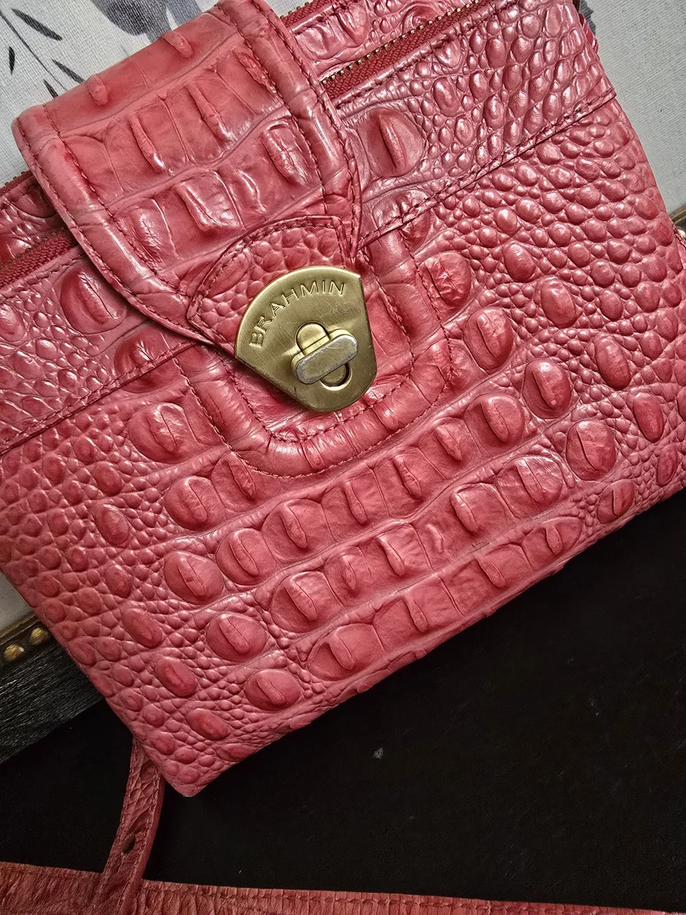 Brahmin Croc-Embossed Coral Pink Crossbody with Gold Hardware